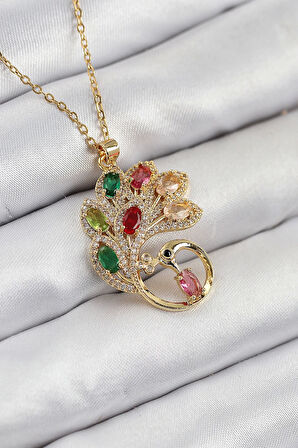 316L Çelik Zirkon Taşlı Tavus Kuşu Model Gold Renk Kadın Kolye