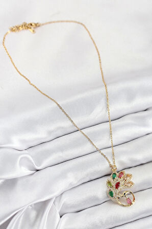 316L Çelik Zirkon Taşlı Tavus Kuşu Model Gold Renk Kadın Kolye