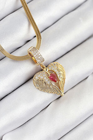 316L Çelik Zirkon Taşlı Kanatlı Kalp Model Gold Renk Kadın Kolye