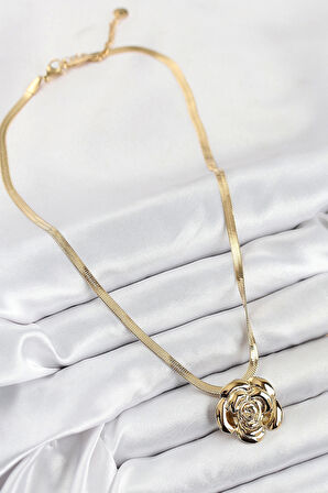 316L Çelik Gül Figürlü İtalyan Zincir Model Gold Renk Kadın Kolye