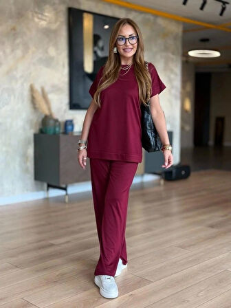 Kadın Kısa Kollu Bisiklet Yaka Viskon Iki Iplik Bluz Ve Pantolon Ikili Takım