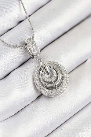 316L Çelik Zirkon Taşlı Çember Model Gümüş Renk Kadın Kolye