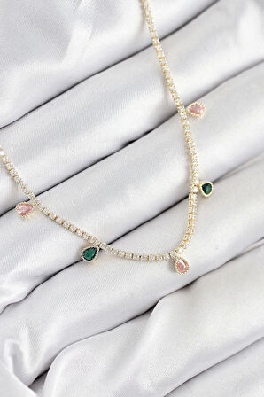 Pirinç Zirkon Taşlı Su Yolu Damla Model Gold Renk Kadın Kolye