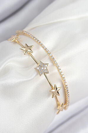 Pirinç Zirkon Taşlı Yıldız Model Gold Renk Kadın Bileklik