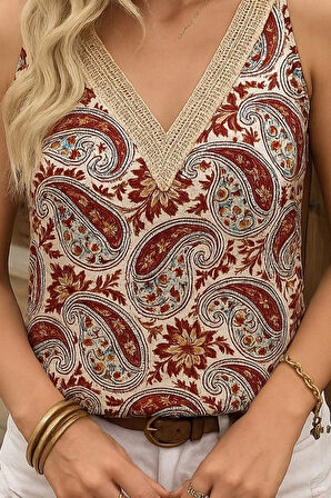 Kadın Askılı V Yaka Dantelli Süprem Bluz