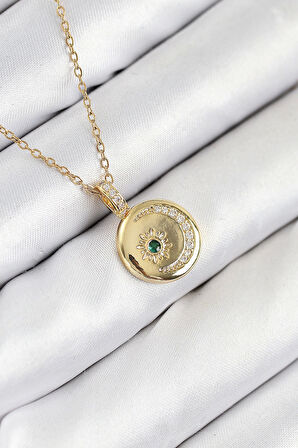 316L Çelik Zirkon Taşlı Ay Ve Güneş Model Gold Renk Kadın Kolye