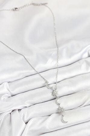 316L Çelik Zirkon Taşlı Güneş Ve Ay Model Gümüş Renk Kadın Kolye