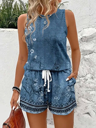 Kadın Askılı Yuvarlak Yaka çiçek Baskılı Süprme Bluz Ve Short Ikili Takım