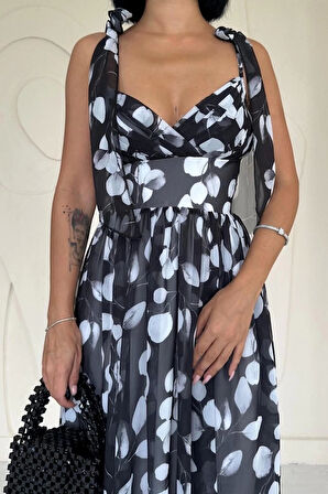 Siyah Şifon Drapeli Elbise