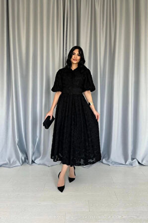 Siyah Kemerli Balon Kollu Elbise