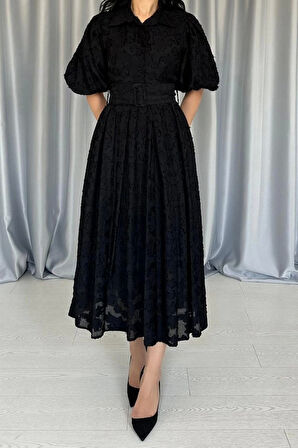 Siyah Kemerli Balon Kollu Elbise