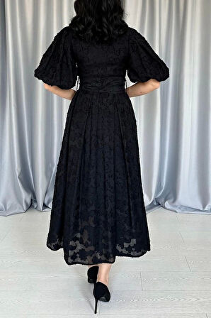 Siyah Kemerli Balon Kollu Elbise