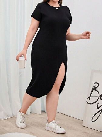 Kadın Büyük Beden Kısa Kollu Yanı Yırtmaçlı Bisiklet Yaka Viskon Elbise