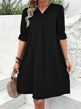 Kadın Kısa Kollu V Yakalı Salaş Janjan Krep Elbise