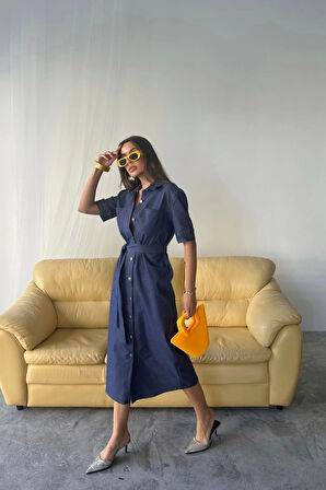 TENCEL ÖNDEN DÜĞMELİ KISA KOL ELBİSE - Mavi