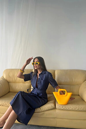 TENCEL ÖNDEN DÜĞMELİ KISA KOL ELBİSE - Mavi