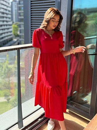 Kadın Kısa Kollu Yakası Açık Katlı Bürümcük Balon Elbise