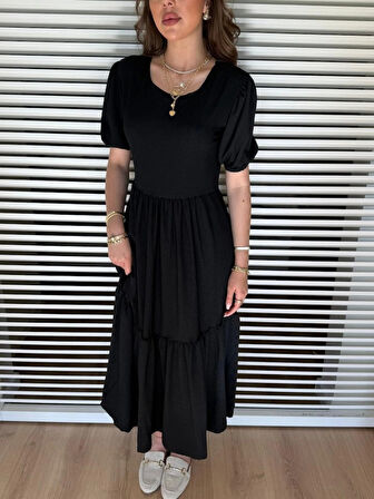 Kadın Kısa Kollu Yakası Açık Katlı Bürümcük Balon Elbise