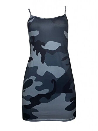Kadın Ip Askılı Kamuflaj Baskılı Viskon Elbise