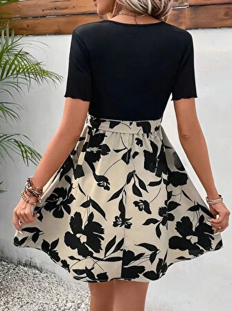 Kadın Kısa Kollu V Yakalı Belden Kuşaklı çiçek Desenli üst Viskon Alt Süprem Elbise