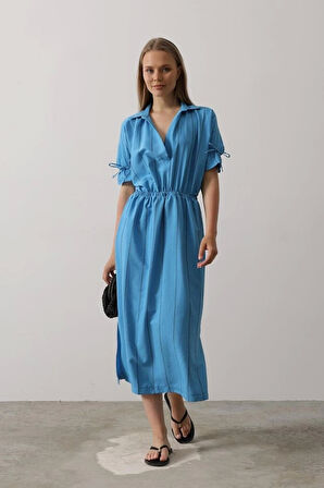 Beli Lastikli Elbise - Mavi