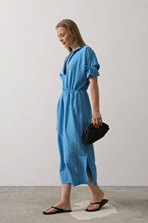 Beli Lastikli Elbise - Mavi