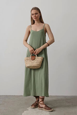 Askılı Uzun Çan Elbise - Haki