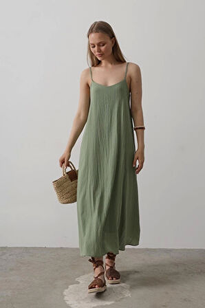 Askılı Uzun Çan Elbise - Haki