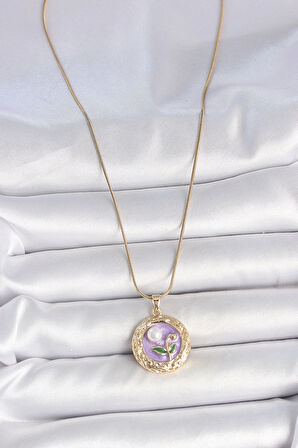 316L Çelik Gold Renk Zincir Mor Çiçek İşlemeli İnci Detay Potre Model Kadın Kolye