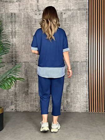 Kadın Modal Kumaş çizgili Gömlek Yaka Ikili Takım