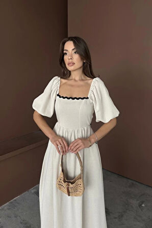 Bej Arkası Bağlamalı Keten Elbise