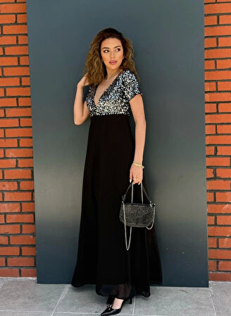 Kadın Kısa Kollu Derin V Yakalı A Kesim Pulpayet Detaylı şifon Nedime Elbisesi