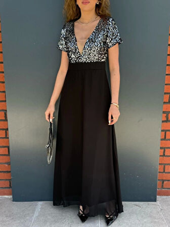 Kadın Kısa Kollu Derin V Yakalı A Kesim Pulpayet Detaylı şifon Nedime Elbisesi