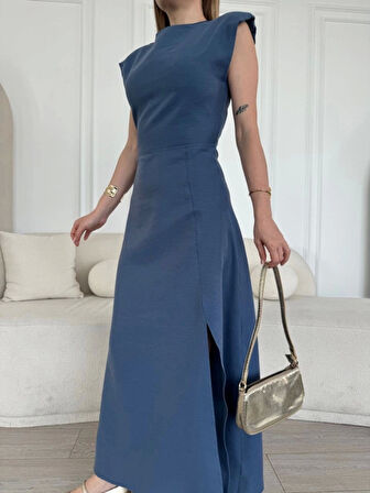 Keten Yandan Yırtmaçlı  Uzun Sıfır Kolsuz Elbise - Mavi