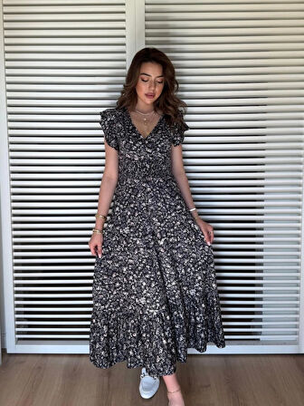 Kadın Kısa Kollu Kruvaze Yaka Beli Lastikli çiçek Desenli Elbise