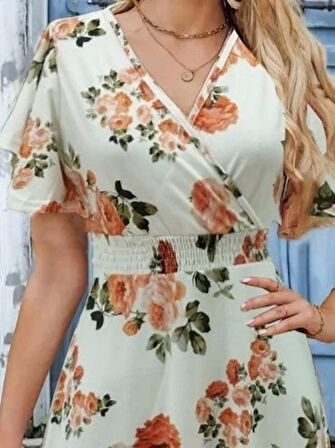 Kadın Kısa Kollu Kruvaze Yakalı Desenli Süprem Kısa Elbise