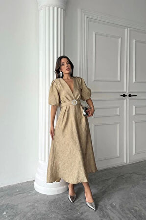 Gold Işıltılı Kemerli Kruvaze Elbise