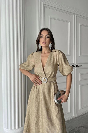 Gold Işıltılı Kemerli Kruvaze Elbise