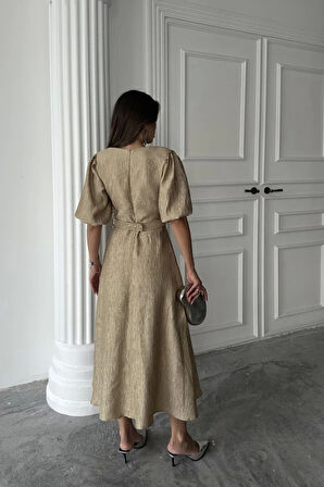 Gold Işıltılı Kemerli Kruvaze Elbise