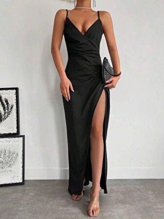 Kadın Askılı Kruvaze Yakalı Yırtmaçlı Krep Elbise