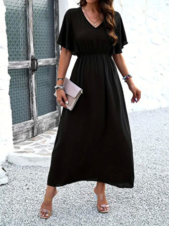 Kadın Kısa Kollu V Yakalı Beli Lastikli Uzun Viskon Elbise