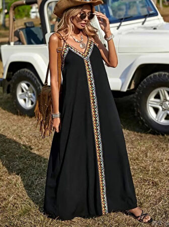 Kadın Askılı V Yakalı Etnik şerit Detaylı Uzun Viskon Elbise