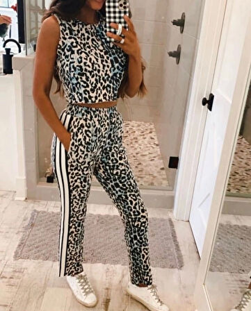 Kadın Dalgıç Kumaş Dijital Leopar Baskılı şerit Detaylı Takım