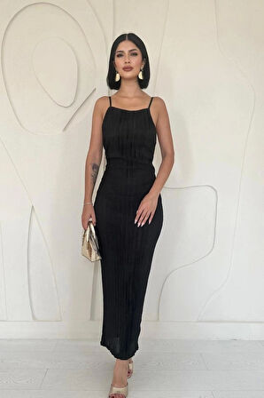 Siyah Piliseli Halter Boyun Elbise
