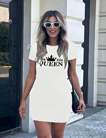 Kadın Kısa Kollu Queen Baskı Iki Iplik Mini Elbise