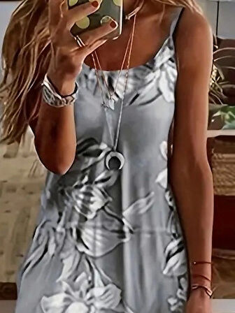 Kadın Askılı Yuvarlak Yaka Etek Geniş Kesim Desenli Süprem Elbise