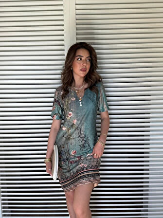 Kadın Kısa Kollu V Yakalı çiçek Baskılı Midi Süprem Elbise