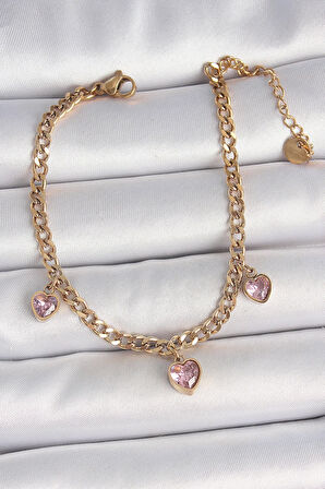 316L Çelik Gold Renk Zincir Sallantı Pembe Zirkon Taşlı Kalp Model Kadın Bileklik