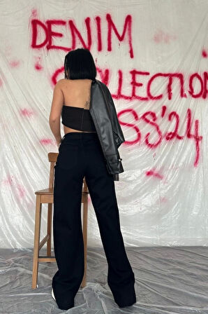 Siyah Yüksek Bel Ve Geniş Paça Jeans Pantolon
