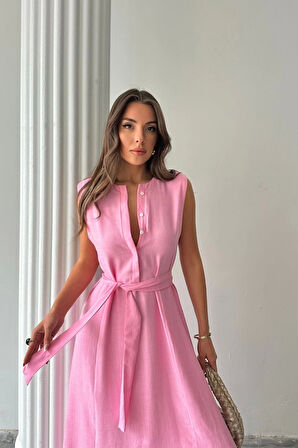 KETEN ELBİSE KOLSUZ BEL BAĞLAMALI MAXİ ELBİSE - Pembe